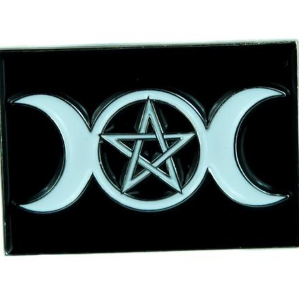 Triple Moon Goddess Pentagram Black & White Lapel Pin Occult Witch Crescent Full